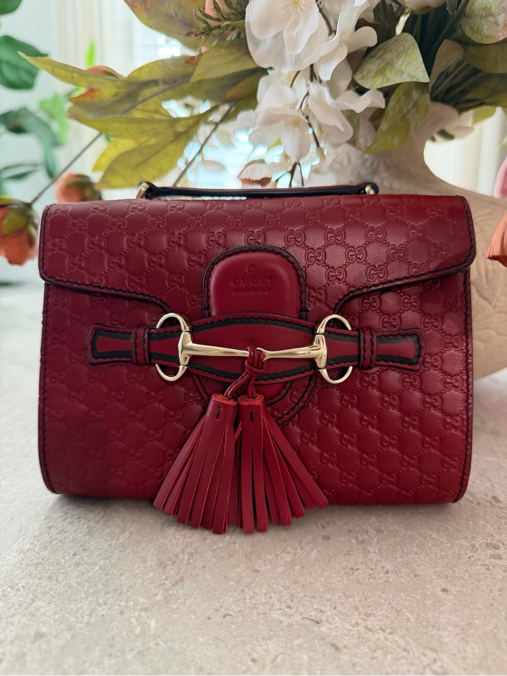 Gucci Emily Mini Microguccissima Leather Chain Flap Bag – Red